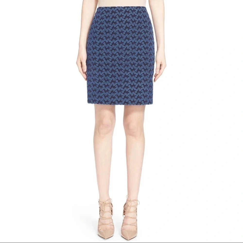 AKRIS PUNTO Eyelet Embroidered Blue Polyester Knee Length Pencil Skirt EUC Sz 8